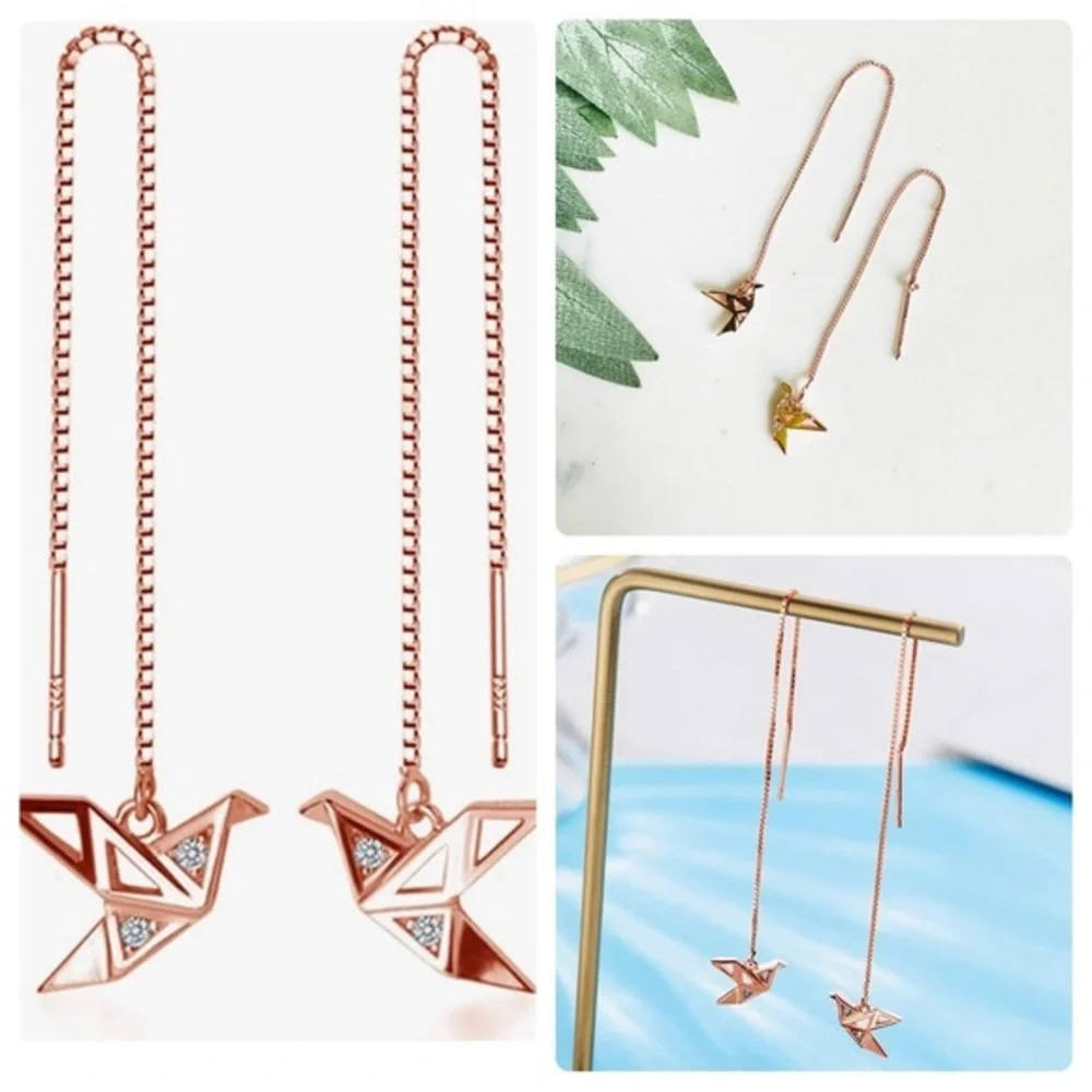 Origami Crane Bird Rose Gold Threader Earrings Delicate Long Chain Tassel - Picture 4 of 10